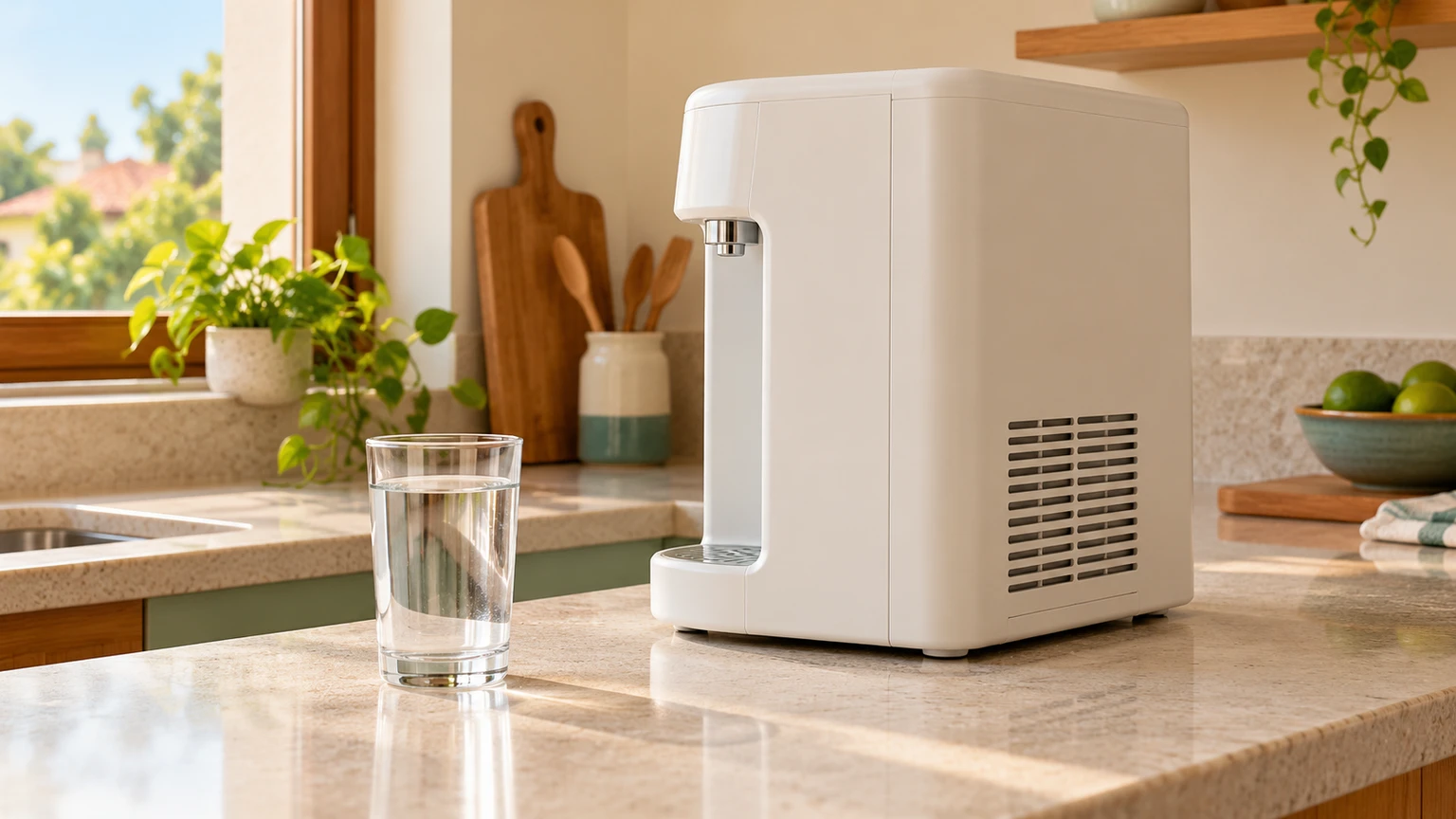 Purificador genérico fechado com grade de ventilação visível e um copo de água separado na bancada da cozinha.
